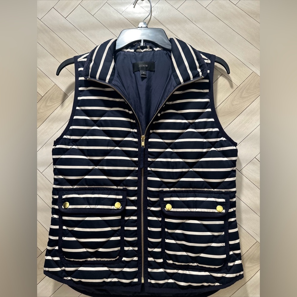 J Crew Navy Striped Quilted Down Vest Sleeveless Jacket Size xs